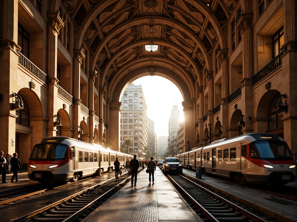 Prompt: Grand metropolitan station, archway tunnel entrances, ornate stone carvings, Romanesque columns, vaulted ceilings, intricate mosaics, warm golden lighting, bustling city atmosphere, urban commuters, sleek modern trains, metallic tracks, grand staircases, ornate metalwork, classic architectural details, symmetrical compositions, shallow depth of field, 1/2 composition, atmospheric perspective, realistic textures, ambient occlusion.