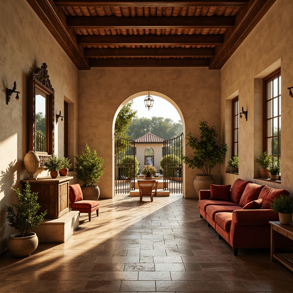 Prompt: Luxurious villa, Italianate architecture, warm beige stone walls, terracotta roof tiles, ornate metal gates, rustic wooden doors, elegant marble floors, rich velvet fabrics, antique furnishings, vintage decorative accessories, soft golden lighting, warm ambient atmosphere, 1/1 composition, shallow depth of field, realistic textures, subtle color palette.