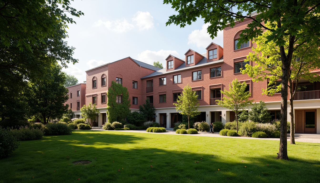 Prompt: Rustic high school campus, red brick buildings, traditional architecture, ivy-covered walls, ornate cornices, arched windows, classic entranceways, lush green lawns, mature trees, warm afternoon sunlight, soft shadows, 1/2 composition, realistic textures, ambient occlusion.