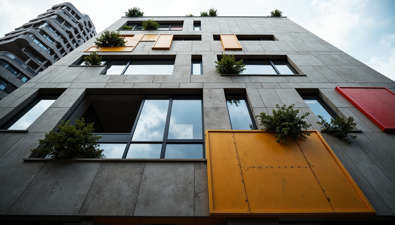 Prompt: Geometric building facade, rectangular windows, asymmetrical composition, bold color blocking, industrial materials, steel beams, concrete walls, minimalist ornamentation, functional simplicity, clean lines, rectangular shapes, urban cityscape, cloudy day, dramatic backlight, high contrast lighting, 1/1 composition, symmetrical axis, abstract textures, brutalist architecture.