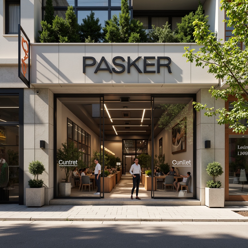 Prompt: Clean minimalist market facade, neutral color palette, simple typography, subtle branding elements, rectangular signage, metal frames, large glass windows, sliding doors, industrial-style lighting, exposed ductwork, polished concrete floors, natural stone walls, greenery accents, urban cityscape, morning sunlight, soft shadows, shallow depth of field, 1/1 composition, realistic textures, ambient occlusion.