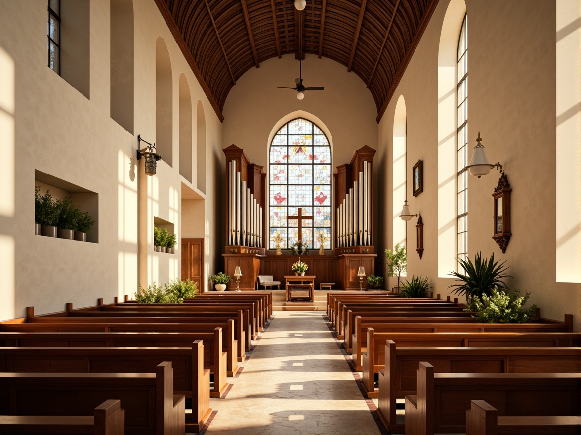 Prompt: Sacred church interior, soft warm lighting, elegant wooden pews, ornate stained glass windows, calming beige walls, rich brown wood accents, subtle cream tones, serene atmosphere, peaceful ambiance, classic architectural details, vaulted ceilings, grand organs, intricate carvings, natural stone floors, warm golden hues, gentle pastel shades, uplifting spiritual vibes.