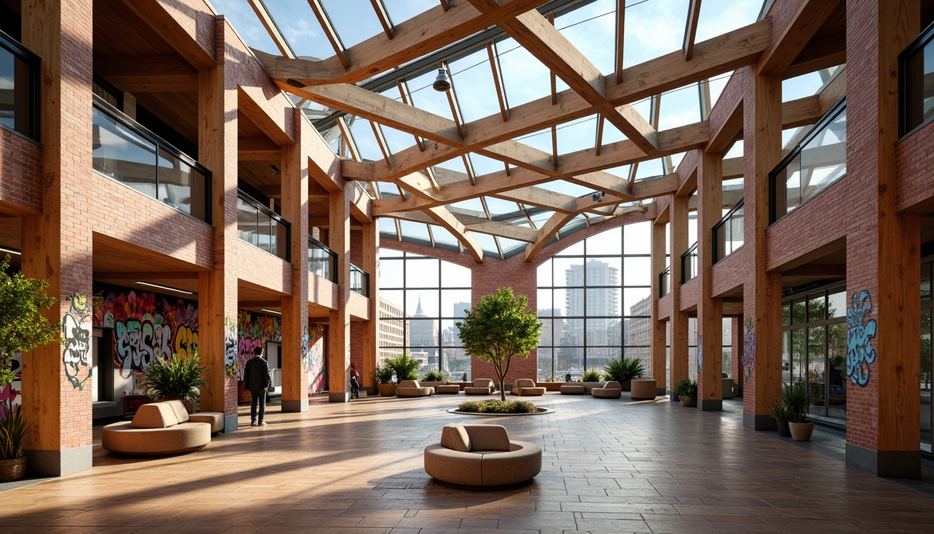 Prompt: Vibrant youth center, exposed brick walls, polished wooden floors, colorful graffiti murals, irregularly shaped columns, translucent glass roofs, natural stone seating areas, playful LED lighting, urban cityscape views, dynamic angular architecture, energetic atmosphere, warm softbox lighting, shallow depth of field, 1/2 composition, realistic textures, ambient occlusion.