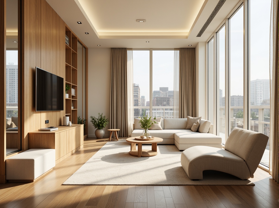 Prompt: Modern minimalist living room, sleek low-profile furniture, cream-colored walls, polished wooden floors, floor-to-ceiling windows, natural light, airy atmosphere, functional storage units, hidden appliances, ergonomic seating, built-in shelving, geometric patterns, soft warm lighting, 1/1 composition, shallow depth of field, realistic textures, ambient occlusion.