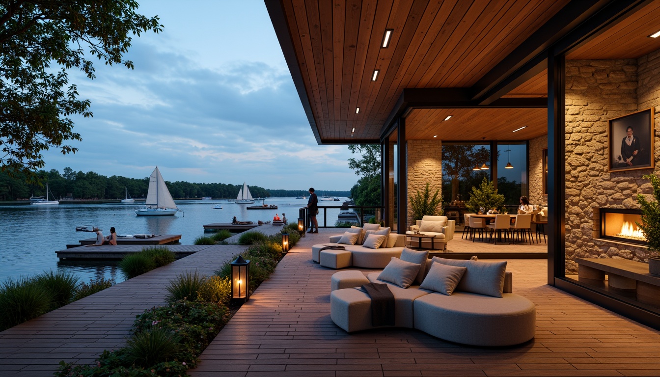 Prompt: Waterfront location, serene lake views, wooden dock, sailboats, luxurious interior, high ceilings, floor-to-ceiling windows, rustic wood accents, nautical themed decor, comfortable lounge areas, warm fireplace, gourmet kitchen, modern appliances, outdoor seating, string lights, lanterns, natural stone walls, lush greenery, tranquil atmosphere, soft warm lighting, shallow depth of field, 3/4 composition, realistic textures, ambient occlusion.