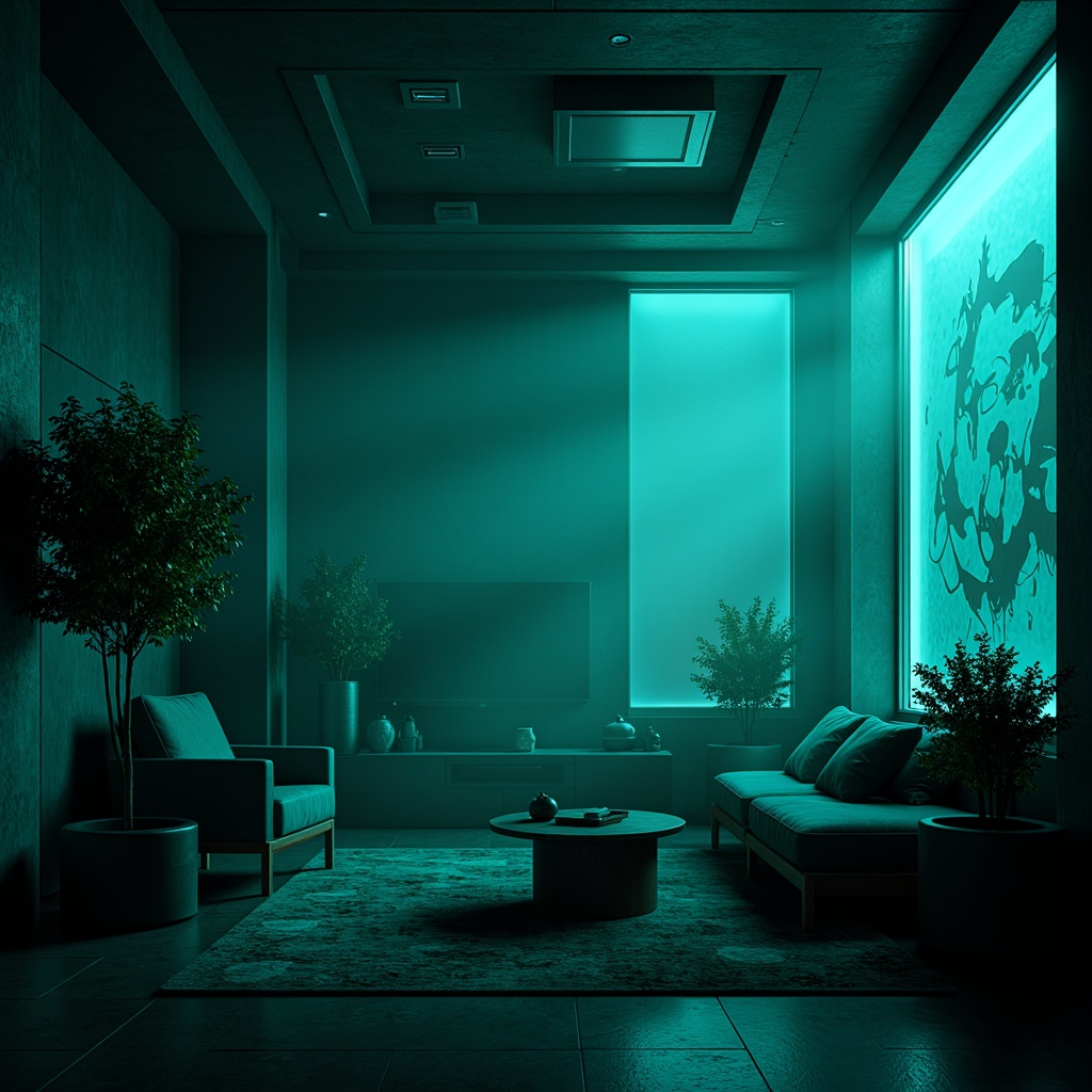 Prompt: Moody dark cyan walls, mysterious ambiance, futuristic neon lights, sleek metal accents, minimalist furniture, luxurious velvet fabrics, abstract geometric patterns, eerie misty atmosphere, dramatic low-key lighting, cinematic shallow depth of field, 2.35