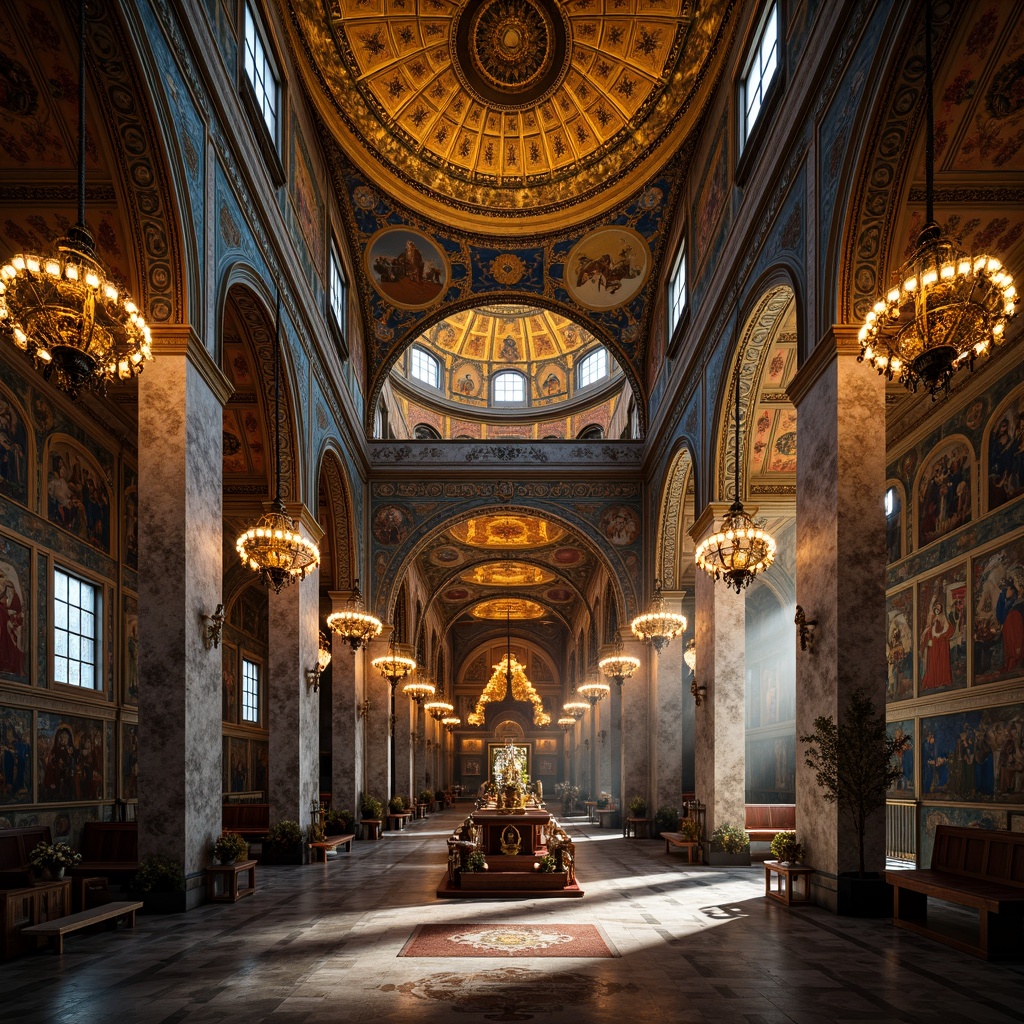 Prompt: Byzantine-style church interior, intricate mosaics, golden tesserae, vivid iconography, ornate arches, domed ceilings, grand chandeliers, marble floors, ornamental pillars, richly patterned textiles, warm candlelight, soft shadows, atmospheric ambiance, dramatic lighting effects, 1/1 composition, low-angle shot, high-contrast colors.