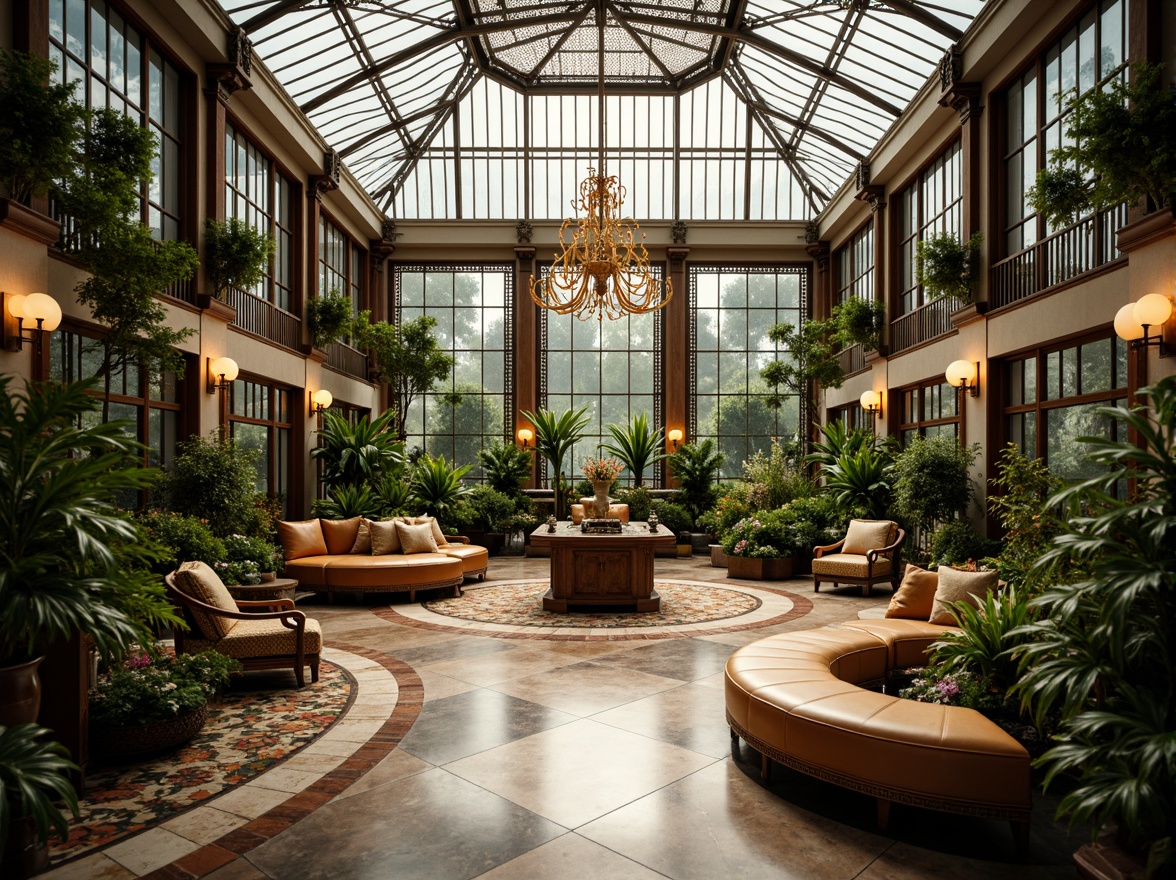 Prompt: Luxurious greenhouse interior, Art Deco inspired metal frames, ornate glass panels, lush greenery, exotic plants, vibrant flowers, polished marble floors, intricate mosaics, geometric patterns, metallic accents, lavish chandeliers, warm golden lighting, soft focus, shallow depth of field, 1/2 composition, symmetrical balance, opulent textiles, rich wood tones, antique furniture pieces, elegant curves, sophisticated ambiance.