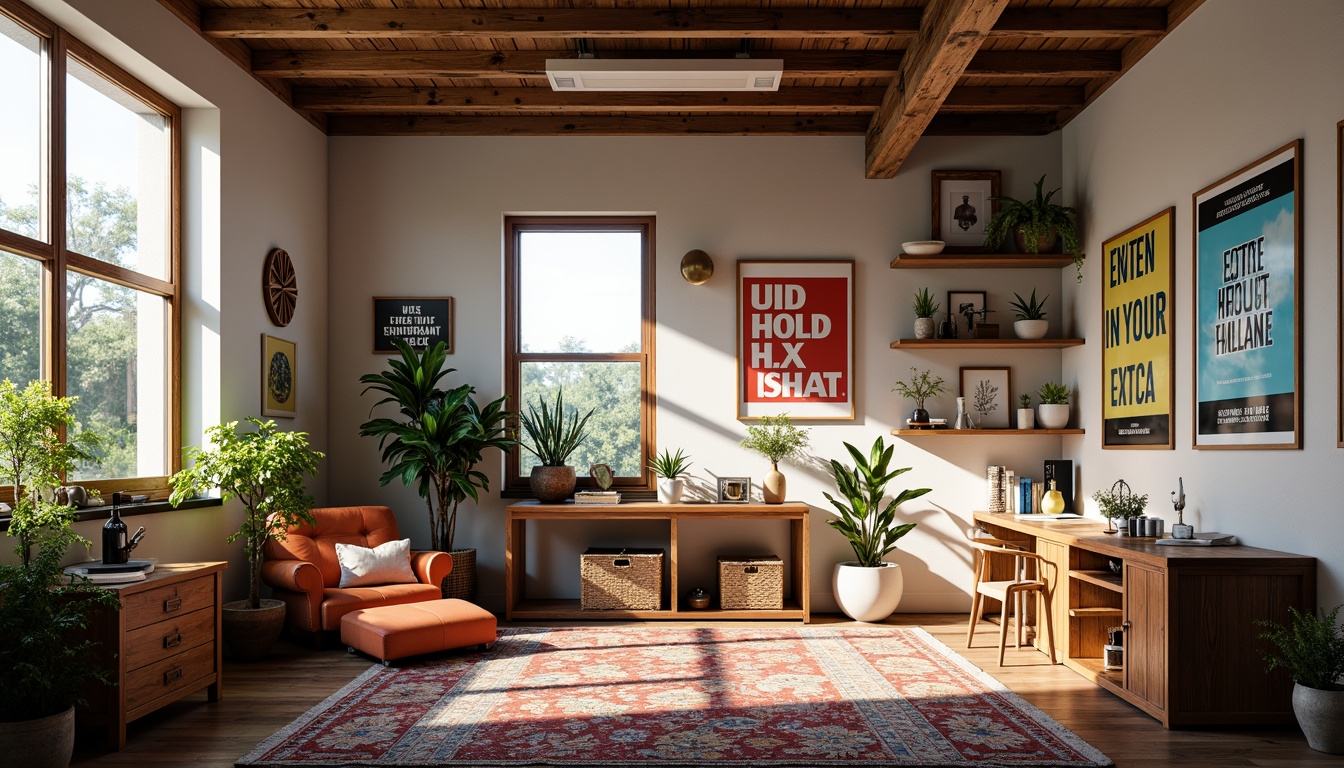 Prompt: Vibrant artistic studio, natural light pouring in, eclectic mix of furniture, bold typography posters, inspiring quote walls, colorful rug patterns, wooden desk surfaces, minimalistic decor, calming ambiance, soft warm lighting, 1/2 composition, realistic textures, ambient occlusion.