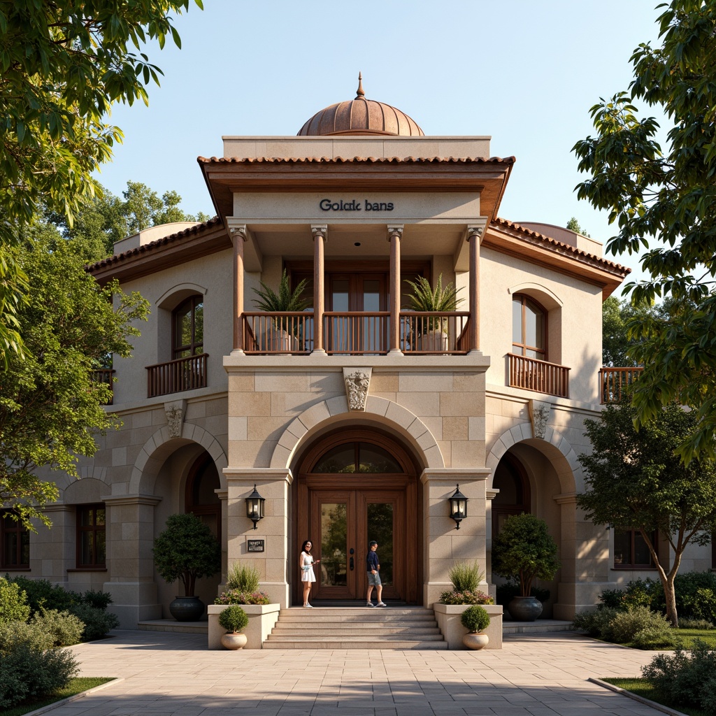 Prompt: Rustic bank building, regionalist facade, earthy tones, stone walls, wooden accents, ornate carvings, classical columns, grand entrance, sweeping arches, decorative railings, lantern-style lighting, lush greenery, mature trees, paved courtyard, warm sunny day, soft natural light, 1/1 composition, symmetrical framing, realistic textures, ambient occlusion.