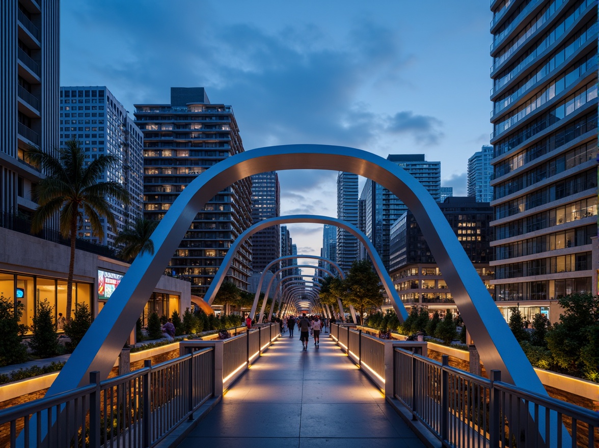 Prompt: Futuristic pedestrian bridge, sleek metal arches, LED lighting strips, urban cityscape, bustling streets, modern skyscrapers, vibrant nightlife, reflective glass railings, angular steel beams, minimalist design, sustainable energy harvesting, wind turbines, solar panels, green roofs, eco-friendly materials, innovative ventilation systems, misting systems, shaded outdoor spaces, panoramic views, 3/4 composition, realistic textures, ambient occlusion.