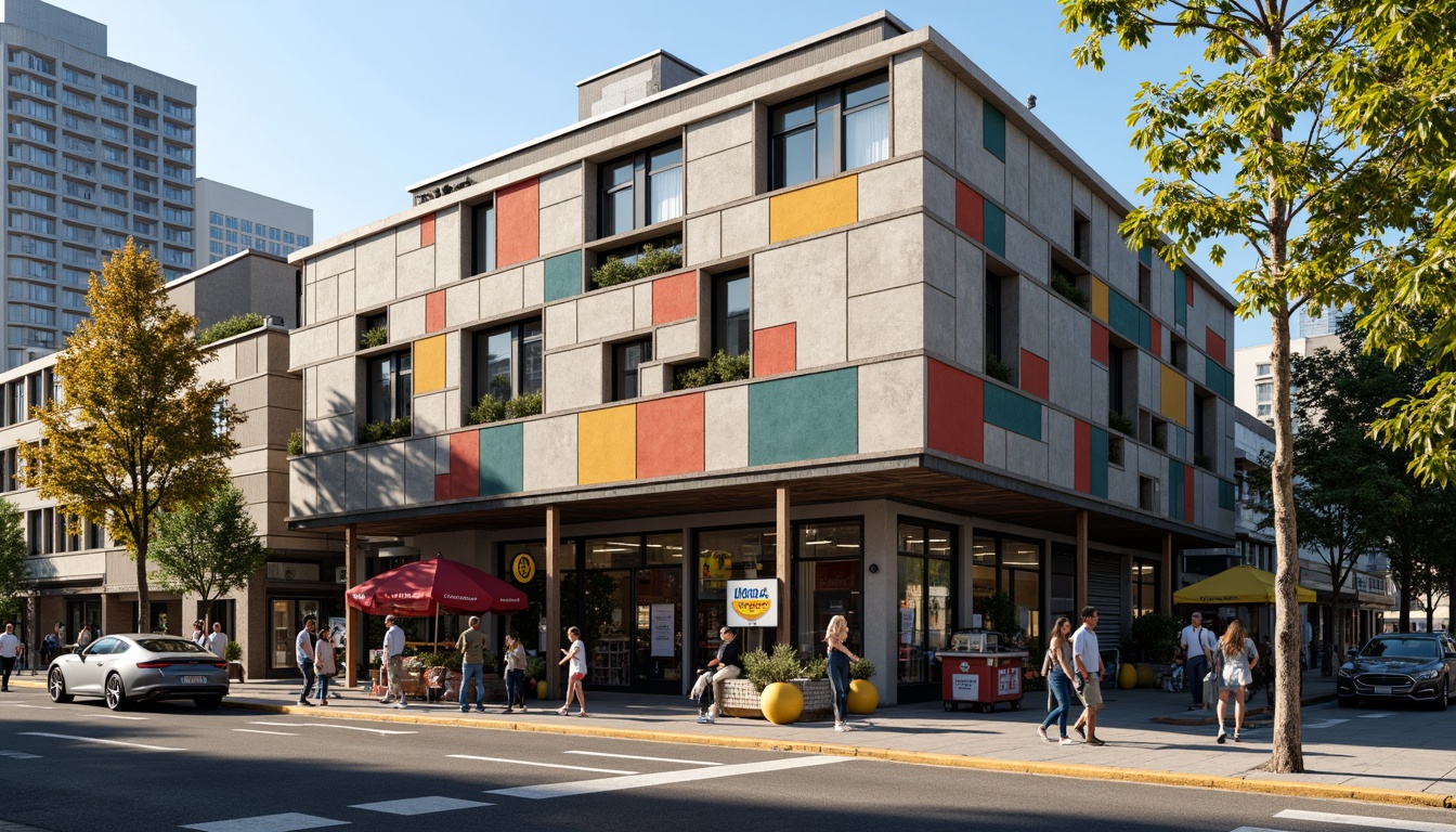 Prompt: Fragmented grocery store facade, deconstructed concrete blocks, irregular shapes, industrial metal frames, abstract patterns, vibrant color accents, urban cityscape, busy street activity, morning sunlight, dramatic shadows, high-contrast lighting, 1/2 composition, atmospheric perspective, realistic textures, ambient occlusion.