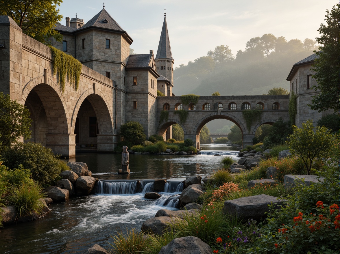 Prompt: Rustic stone bridges, medieval architecture, arched spans, robust piers, ornate carvings, gothic-inspired details, weathered stonework, moss-covered surfaces, tranquil water flow, serene natural surroundings, lush greenery, vibrant flowers, soft warm lighting, misty morning atmosphere, shallow depth of field, 3/4 composition, panoramic view, realistic textures, ambient occlusion.