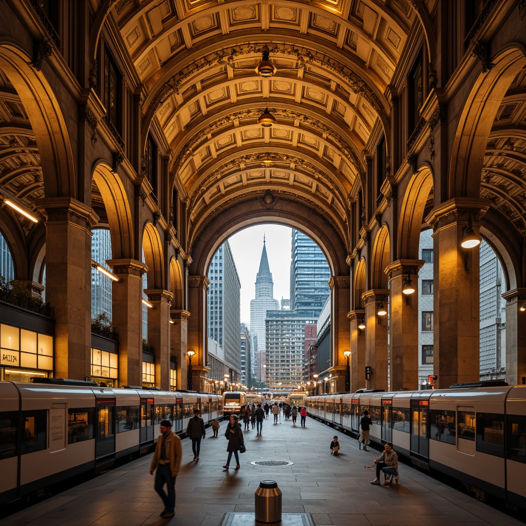 Prompt: Grand metro station, Romanesque archways, vaulted ceilings, ornate columns, intricate stone carvings, warm golden lighting, bustling city atmosphere, modern transportation hub, sleek trains, polished metal surfaces, urban landscape, busy pedestrian traffic, shallow depth of field, 1/2 composition, realistic textures, ambient occlusion.