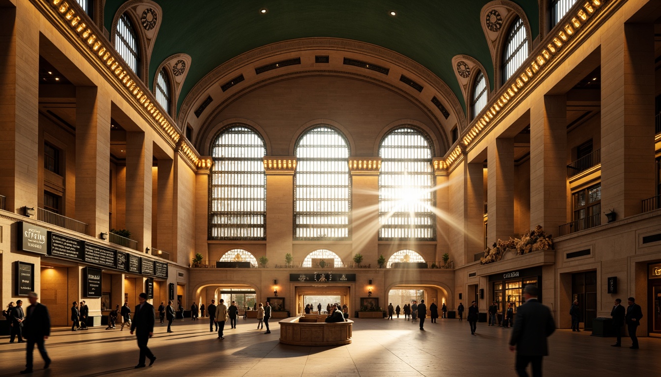 Prompt: Grand train station, majestic arches, ribbed vaults, stained glass windows, ornate carvings, intricate stone facades, imposing clock towers, symmetrical compositions, warm golden lighting, shallow depth of field, 3/4 perspective, atmospheric mist, realistic textures, ambient occlusion.