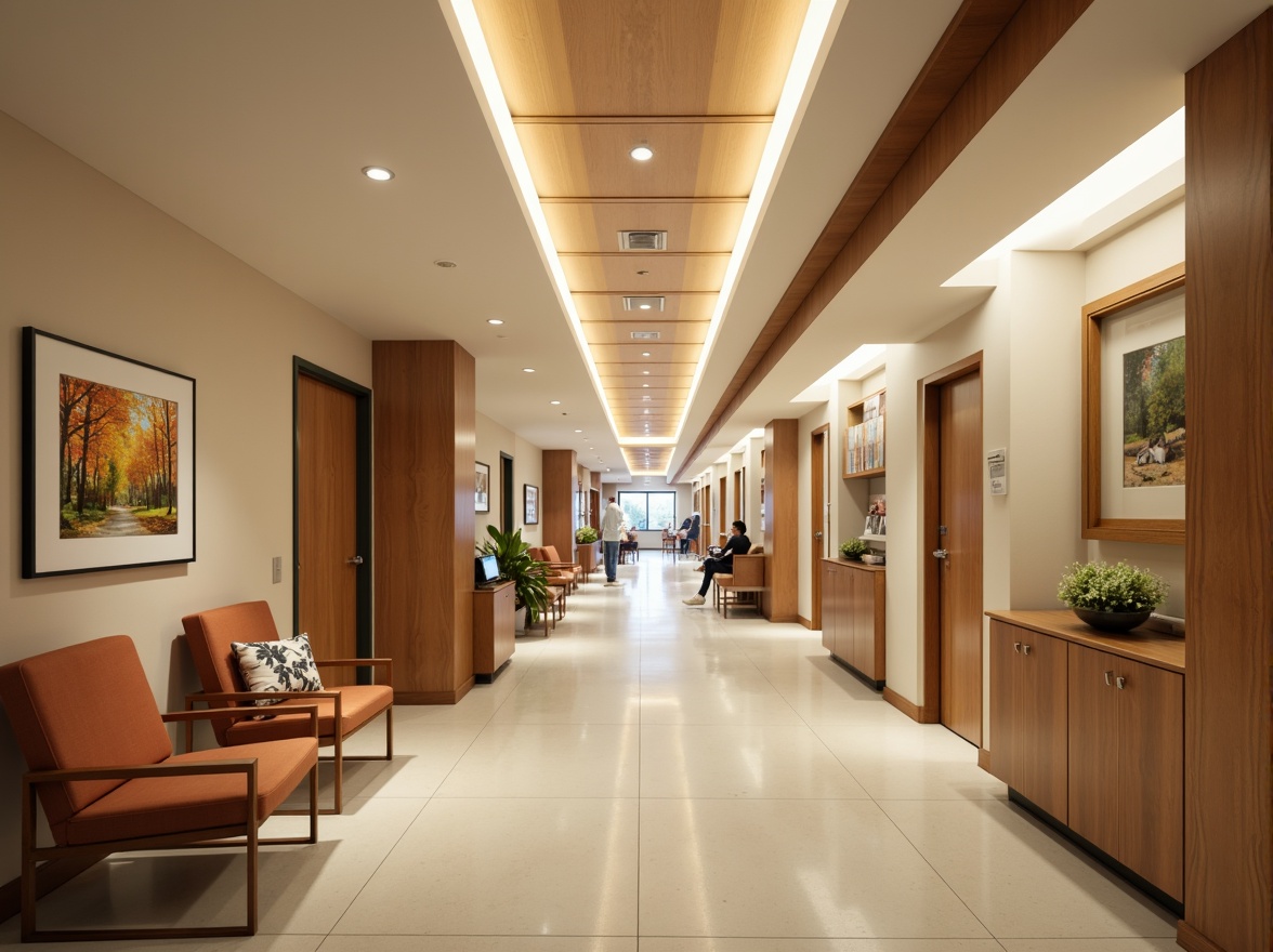 Prompt: Calming hospital corridors, soft warm glow, gentle LED lighting, natural wood accents, comfortable waiting areas, peaceful ambiance, subtle color temperature transitions, soothing music background, acoustic ceiling panels, minimal glare, high-contrast signage, wheelchair-accessible routes, spacious examination rooms, private patient cubicles, noise-reducing materials, warm beige tones, organic textures, calming nature-inspired artwork, gentle diffusion filters, cinematic lighting effects, 1/2 composition, realistic shadows, ambient occlusion.