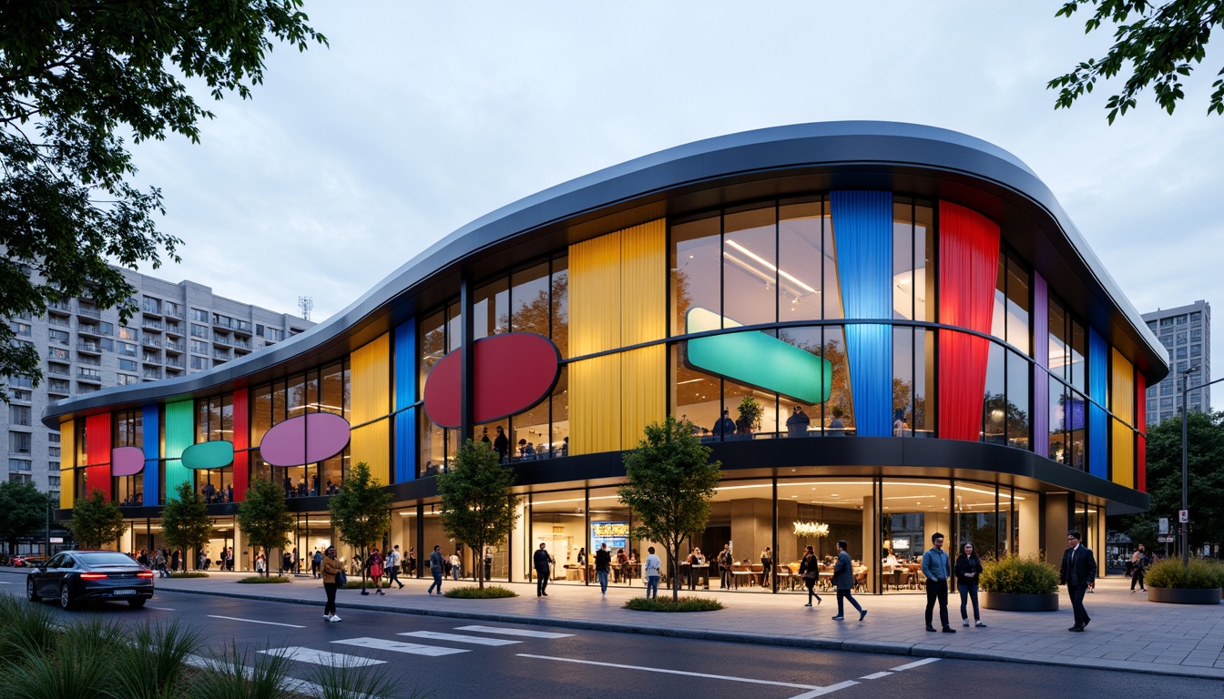 Prompt: Curved bus station facade, fusion architecture style, dynamic lines, bold shapes, vibrant colors, large glass windows, metallic panels, LED light installations, modern urban landscape, bustling street scene, morning commute atmosphere, soft natural lighting, shallow depth of field, 1/2 composition, realistic textures, ambient occlusion.