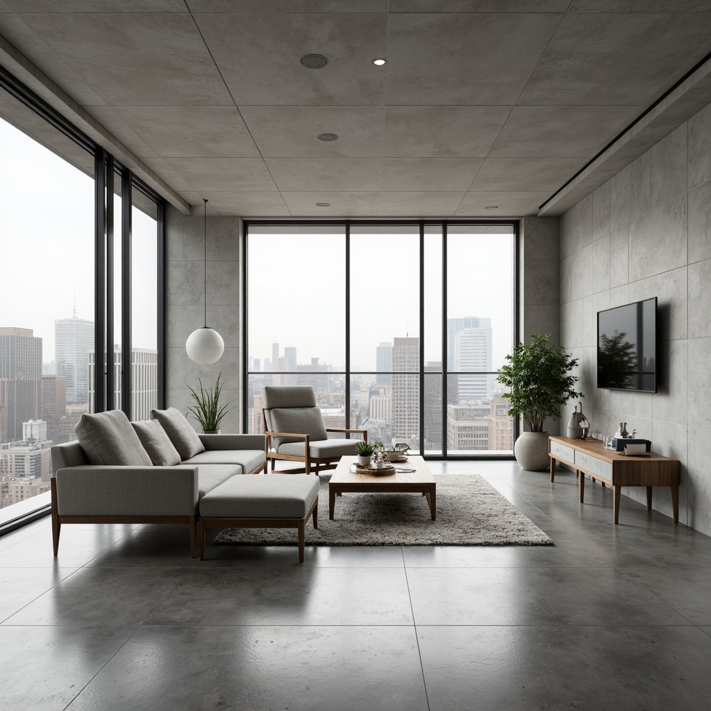 Prompt: Minimalist living room, sparse decor, monochromatic color scheme, sleek low-profile furniture, polished concrete floors, floor-to-ceiling windows, sliding glass doors, urban cityscape views, indirect soft lighting, 1/1 composition, shallow depth of field, realistic textures, ambient occlusion, functional storage solutions, hidden electrical outlets, cordless devices, clutter-free surfaces, greenery accents, natural textiles, industrial-chic metal accents, Scandinavian-inspired design.