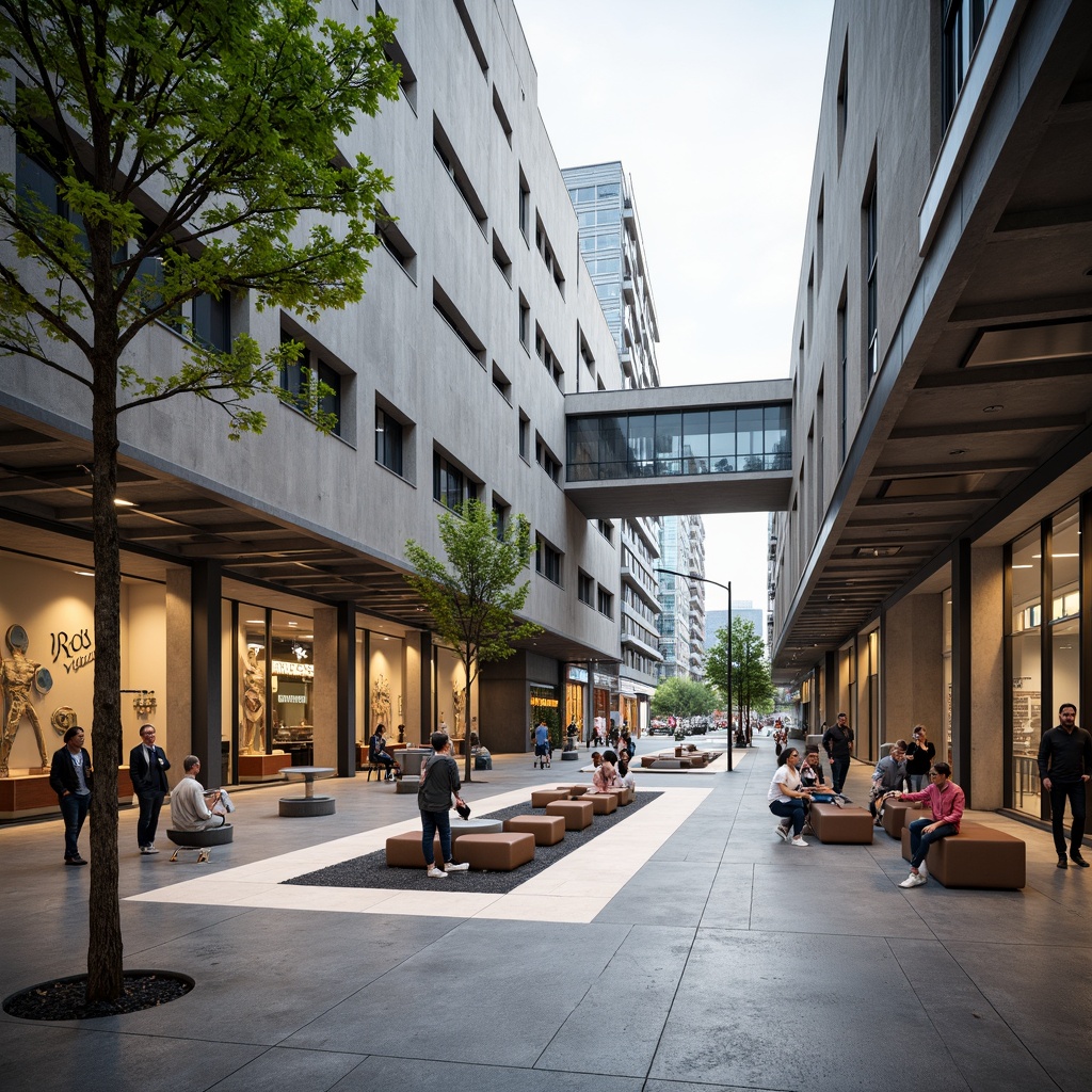 Prompt: Minimalist open plaza, clean lines, rectangular shapes, functional furniture, industrial materials, exposed ductwork, steel beams, concrete flooring, geometric patterns, bold typography, primary color scheme, natural light, open floor plan, communal seating areas, urban landscape views, modern cityscape, bustling streets, abstract sculptures, brutalist architecture, functional simplicity, 3/4 composition, high contrast lighting, dramatic shadows.