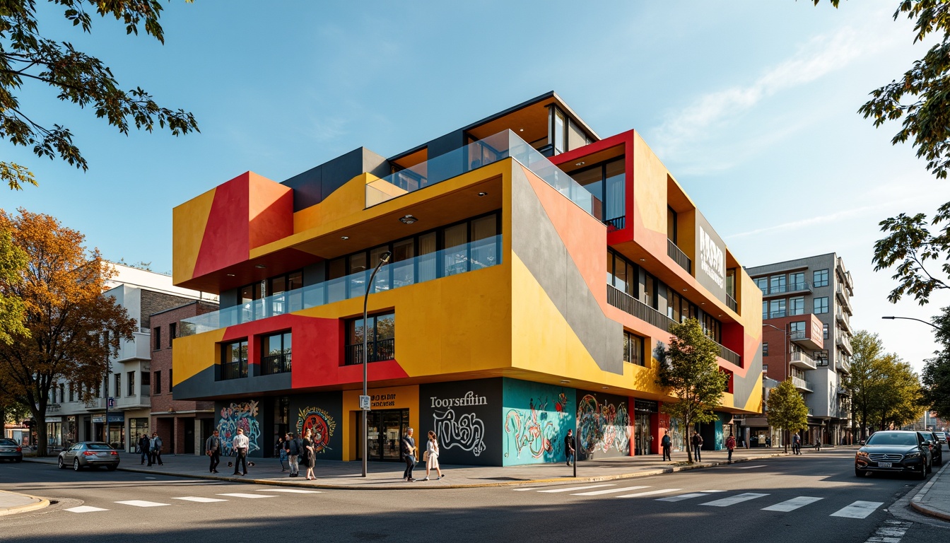 Prompt: Vibrant youth center, constructivist architecture, bold geometric shapes, dynamic angular forms, contrasting colors, exposed concrete walls, metal beams, industrial-style windows, abstract murals, graffiti art, urban landscape, bustling city streets, sunny afternoon, warm natural light, shallow depth of field, 1/1 composition, symmetrical framing, high-contrast textures, ambient occlusion.