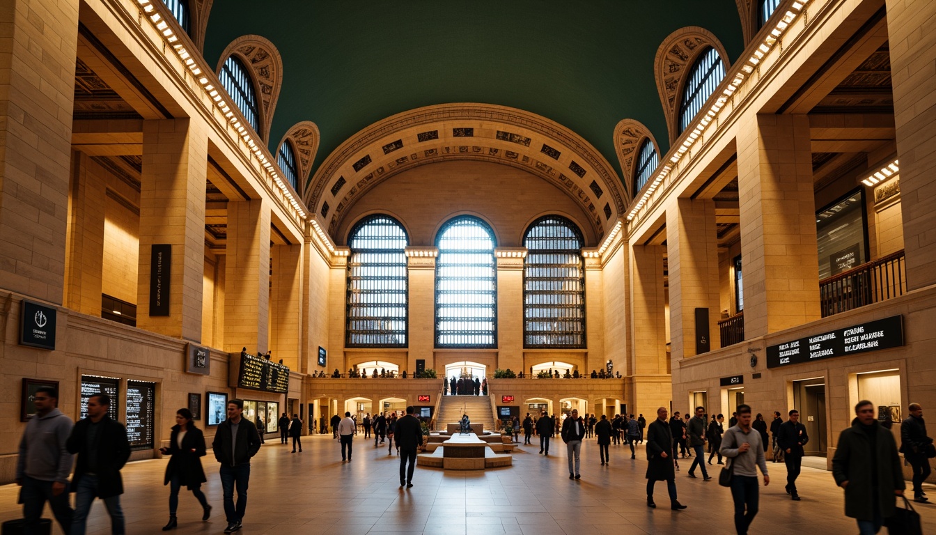 Prompt: Grand metropolitan station, Romanesque archways, vaulted ceilings, ornate stone carvings, intricate mosaics, warm golden lighting, bustling pedestrian traffic, modern transportation hubs, sleek train lines, futuristic signage systems, urban landscapes, morning rush hour, soft diffused light, shallow depth of field, 1/2 composition, atmospheric perspective, realistic textures, ambient occlusion.