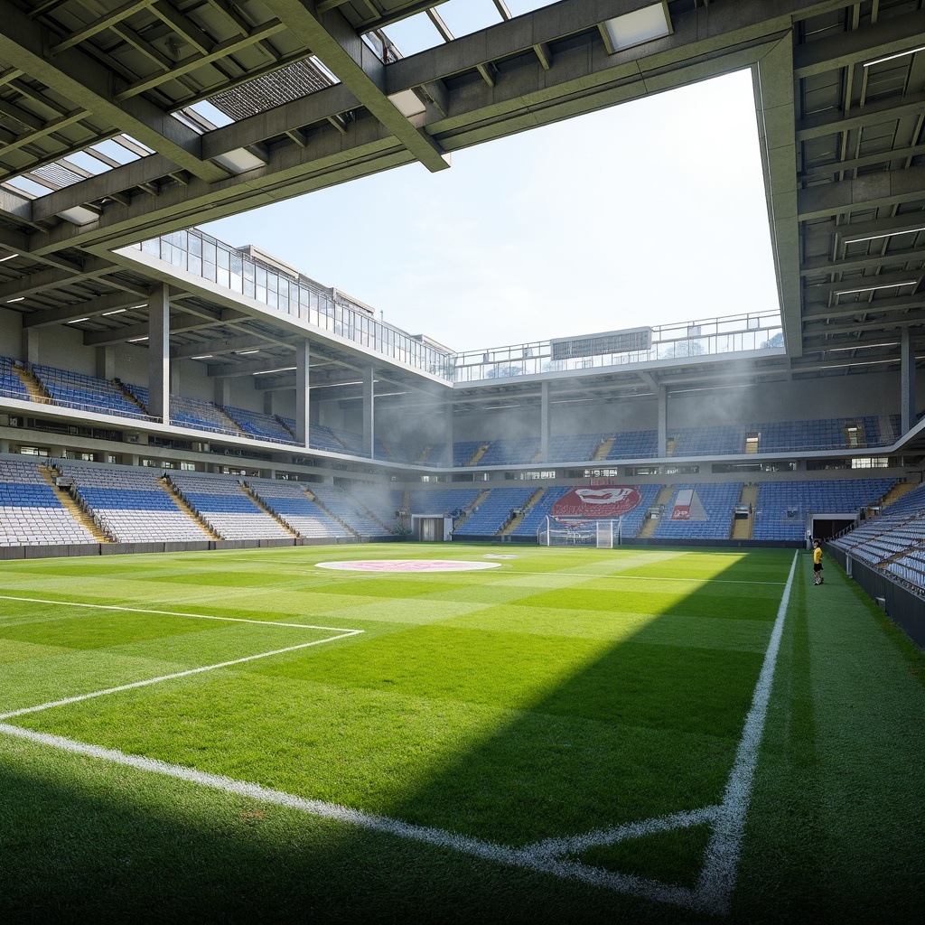 Prompt: Natural grass soccer field, tiered seating, open roof structure, large ventilation grilles, wind catchers, clerestory windows, high ceilings, exposed ductwork, air handling units, evaporative cooling systems, misting nozzles, shaded concourses, comfortable spectator areas, clear visibility, natural daylight, soft diffused lighting, 1/2 composition, realistic textures, ambient occlusion.