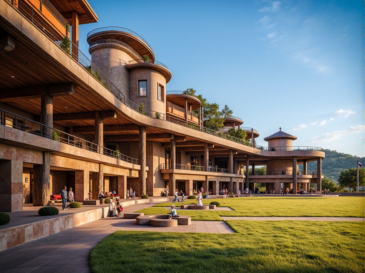 Prompt: Traditional stadium, vernacular architecture style, earthy tone colors, natural stone walls, wooden beams, rustic metal accents, curved lines, arches, domed roofs, local cultural patterns, vibrant textiles, warm lighting, shallow depth of field, 1/2 composition, dramatic shadows, realistic textures, ambient occlusion, grassy landscape, rolling hills, sunny day, clear blue sky.