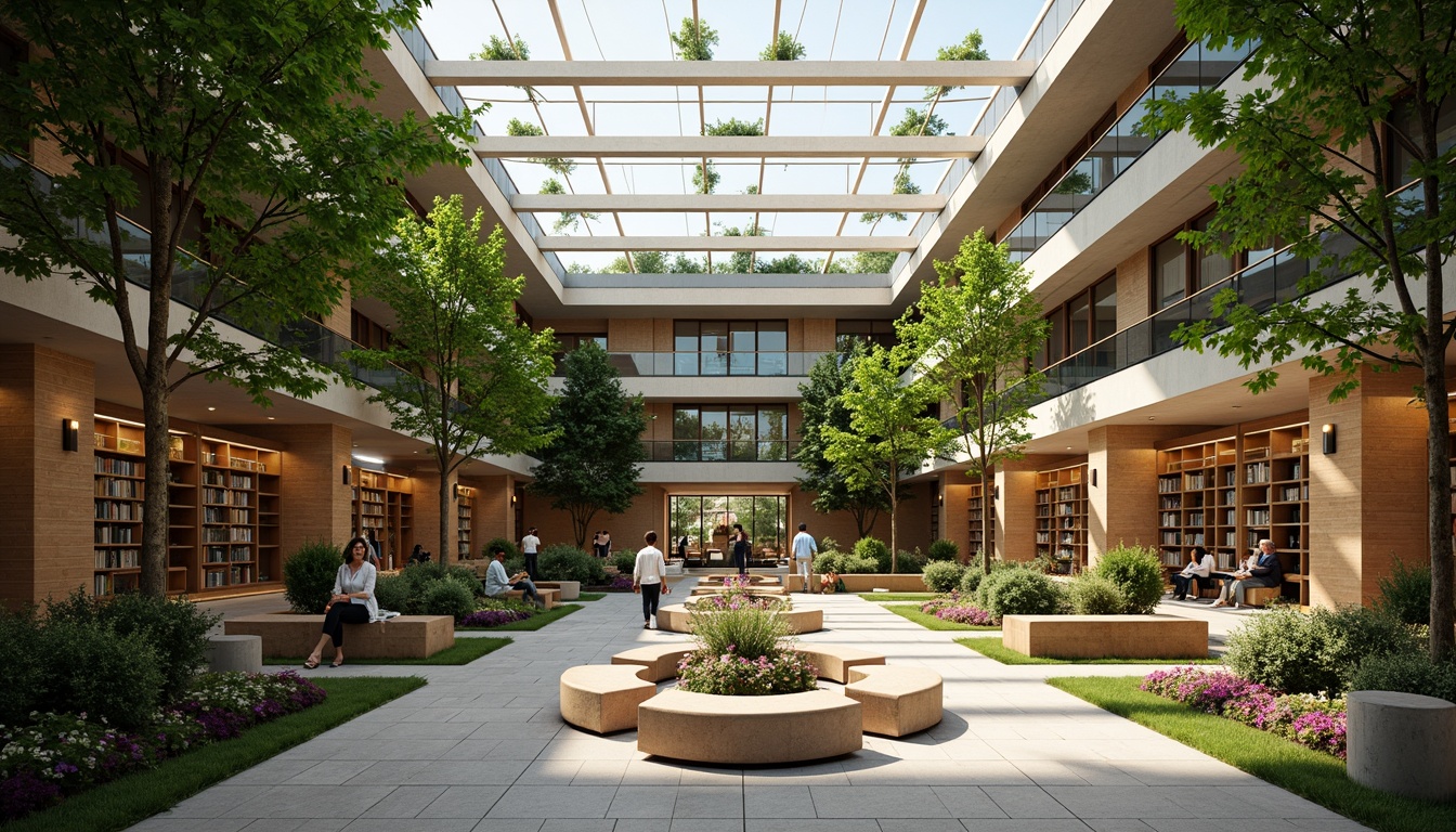 Prompt: Spacious library interior, natural ventilation system, clerestory windows, skylights, solar tubes, green roofs, living walls, vertical gardens, natural stone floors, wooden shelves, book-filled rows, reading areas, comfortable seating, soft warm lighting, shallow depth of field, 3/4 composition, panoramic view, realistic textures, ambient occlusion.