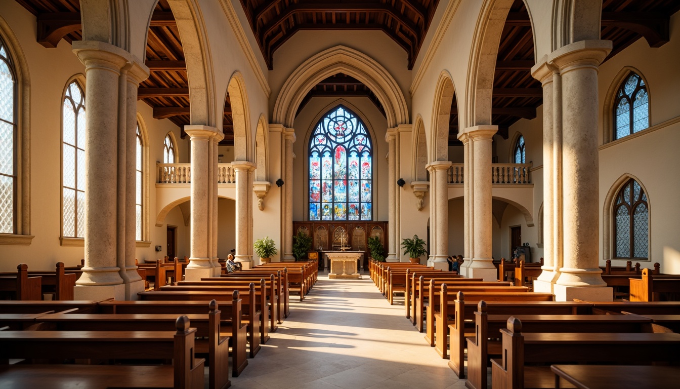 Prompt: Majestic church interior, warm beige walls, rich wooden accents, soft cream-colored pews, elegant stained glass windows, vibrant blue and red hues, serene natural light, subtle texture overlays, ornate Gothic architecture, intricate stone carvings, dramatic vaulted ceilings, peaceful ambiance, soft focus blur, 1/2 composition, warm golden lighting.