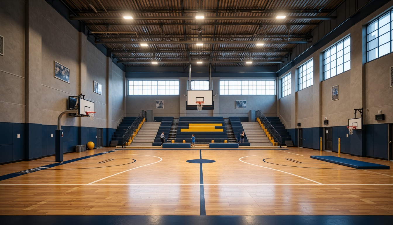 Prompt: Modern gymnasium interior, high ceiling, polished wooden floors, athletic equipment, basketball hoops, volleyball nets, gymnastic mats, mirrored walls, LED lighting systems, bright overhead lights, warm color temperatures, indirect lighting effects, spotlights on athletic fields, 1/2 composition, shallow depth of field, realistic textures, ambient occlusion.