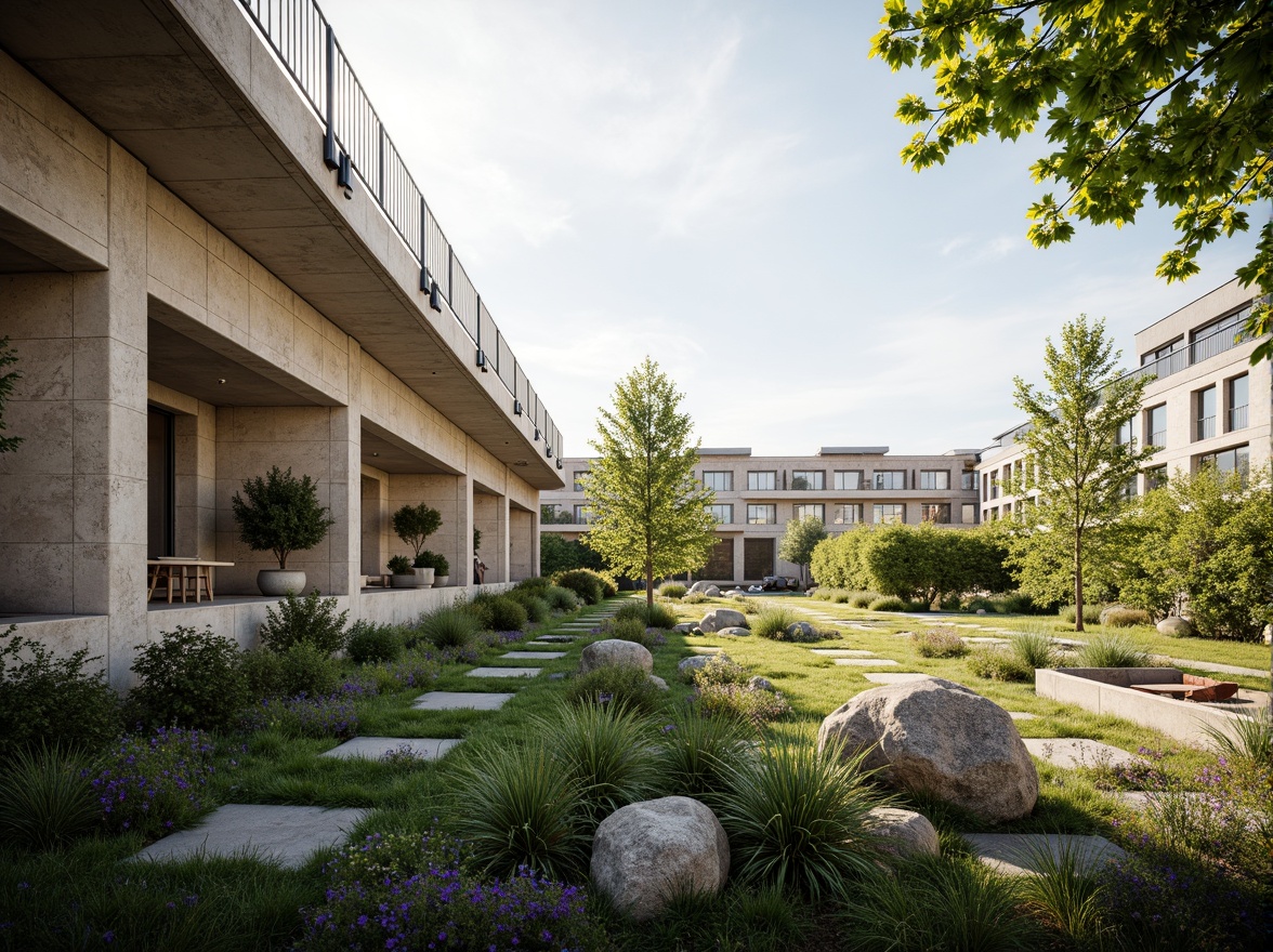 Prompt: Eco-friendly building, sustainable architecture, thermal mass utilization, natural stone walls, exposed concrete ceilings, recycled materials, green roofs, living walls, urban gardens, modern cityscape, sunny day, soft warm lighting, shallow depth of field, 3/4 composition, panoramic view, realistic textures, ambient occlusion.