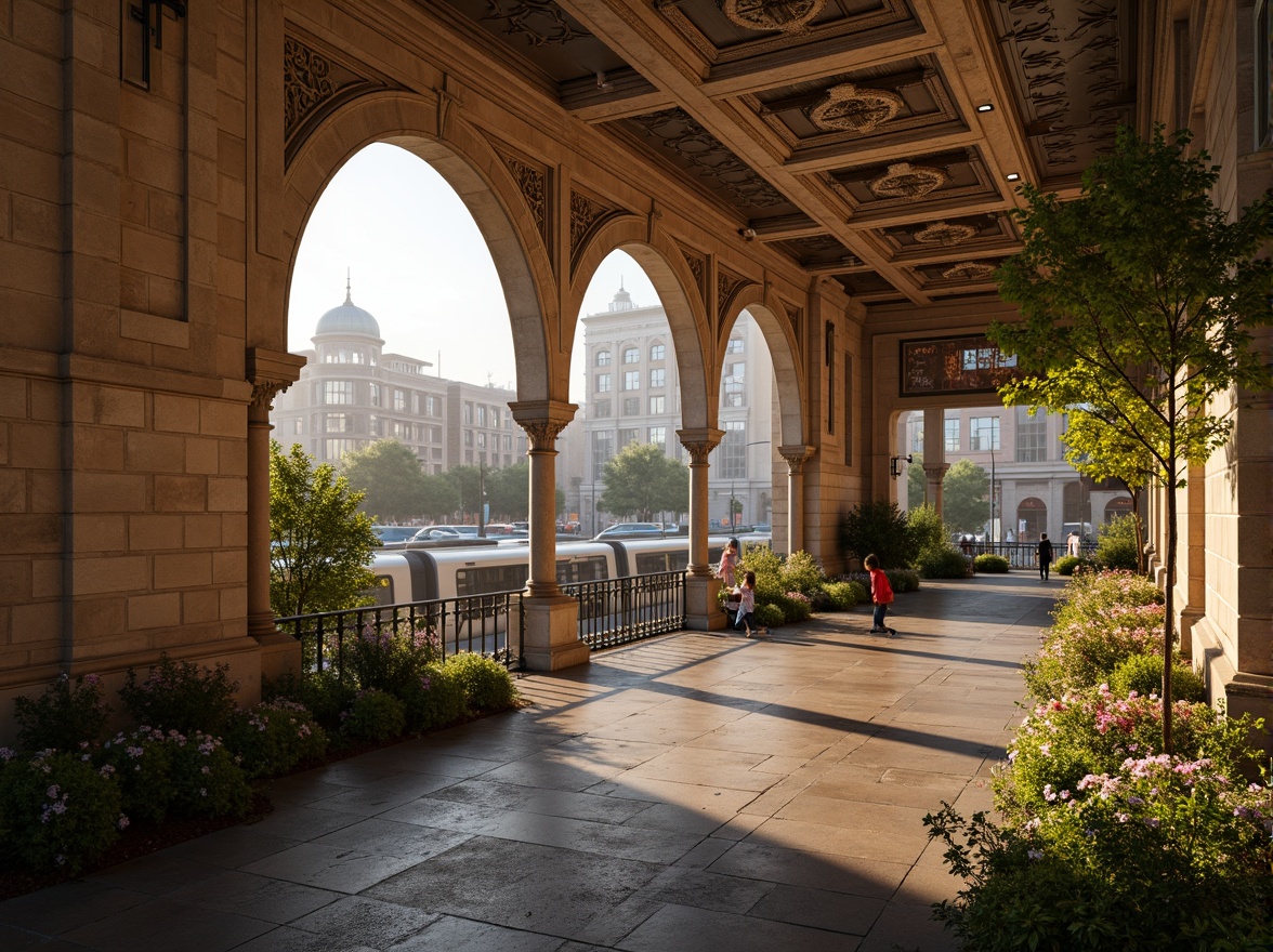 Prompt: Grandiose metro station, Romanesque arches, intricate stone carvings, ornate metalwork, lush greenery, vibrant flowers, grand staircases, majestic columns, warm golden lighting, shallow depth of field, 3/4 composition, panoramic view, realistic textures, ambient occlusion, busy urban atmosphere, rushing commuters, modern cityscape, sleek trains, futuristic transportation systems.