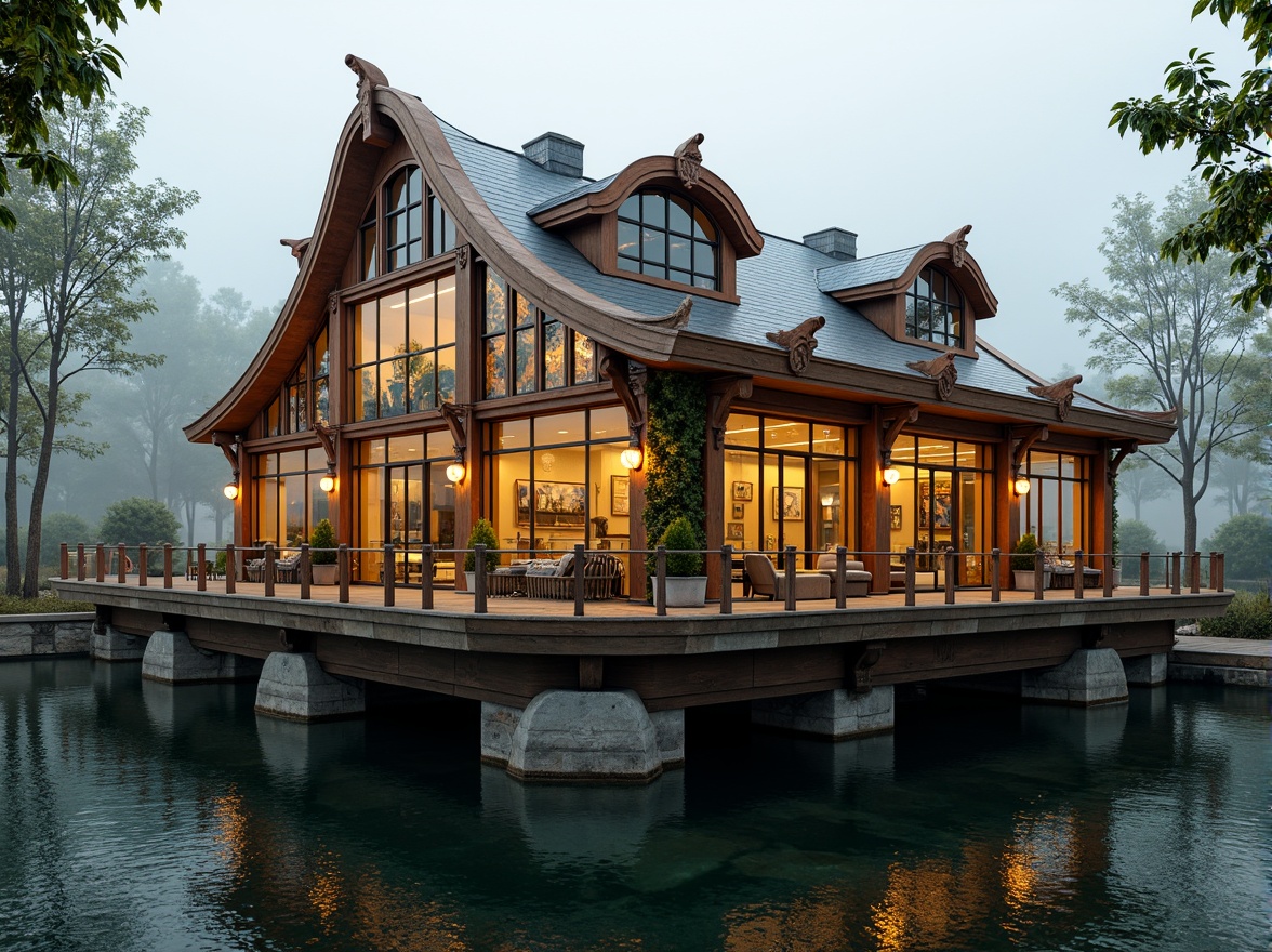 Prompt: Waterfront boathouse, ornate Art Nouveau facade, curved lines, flowing organic forms, floral motifs, stained glass windows, wooden accents, nautical details, rope railings, lantern-style lighting, warm golden tones, rustic stone foundations, lush greenery, tranquil water reflections, overcast sky, soft misty atmosphere, shallow depth of field, 1/1 composition, symmetrical framing, high dynamic range.