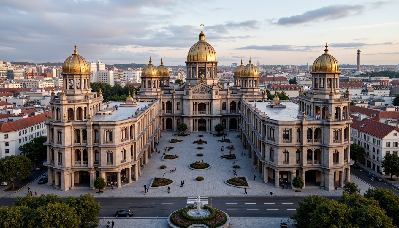 Prompt: Majestic cityscape, grand monumental buildings, Prussian blue accents, ornate facades, intricate stone carvings, regal entranceways, golden domes, vibrant marketplaces, bustling streets, urban landscape, warm afternoon light, soft shadows, 1/2 composition, symmetrical framing, realistic textures, atmospheric perspective.