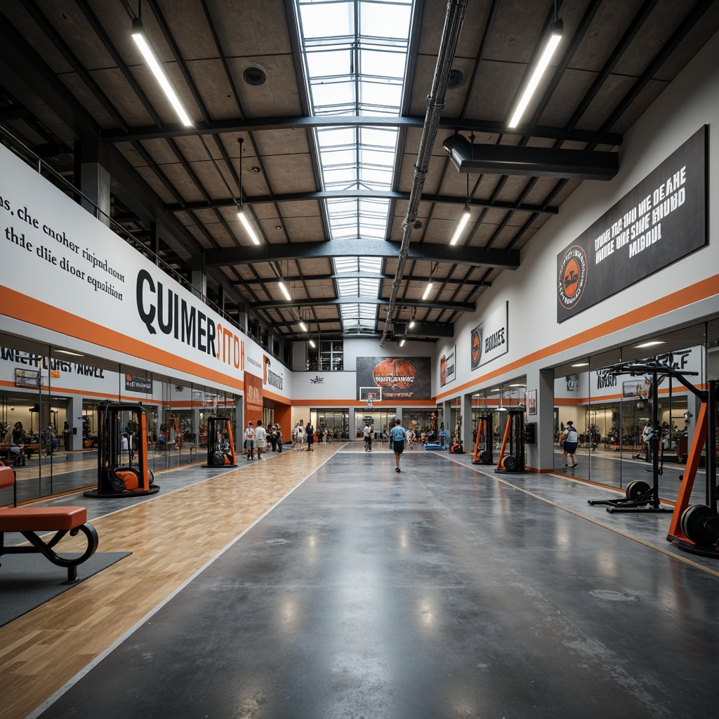 Prompt: Modern gymnasium interior, high ceilings, exposed ductwork, polished concrete floors, mirrored walls, professional sports equipment, motivational quotes, athletic tracks, basketball hoops, tennis courts, natural light pouring in through clerestory windows, LED strip lights, suspended linear lighting, dimmable overhead lighting, warm color temperature, high contrast ratio, 1/2 composition, softbox lighting effect, realistic shadows, ambient occlusion.