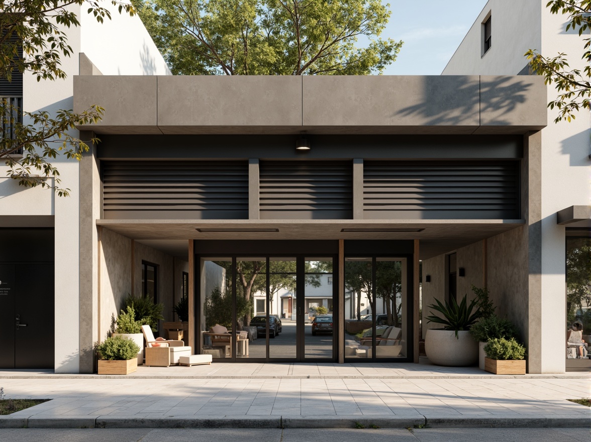 Prompt: Minimalist market facade, neutral color palette, clean lines, simple shapes, industrial materials, exposed ductwork, metal accents, large glass windows, sliding doors, urban surroundings, bustling streets, morning light, soft shadows, shallow depth of field, 1/1 composition, realistic textures, ambient occlusion.