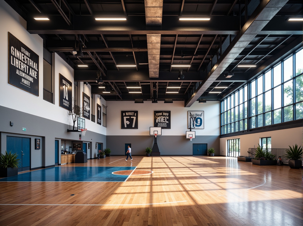 Prompt: Modern gymnasium interior, high ceilings, exposed ductwork, polished wooden floors, athletic equipment, basketball hoops, sports jerseys, motivational quotes, large windows, natural daylight, softbox lighting, LED strip lights, color-changing ambiance, dynamic shadows, 1/1 composition, realistic reflections, ambient occlusion, warm tone, inviting atmosphere.