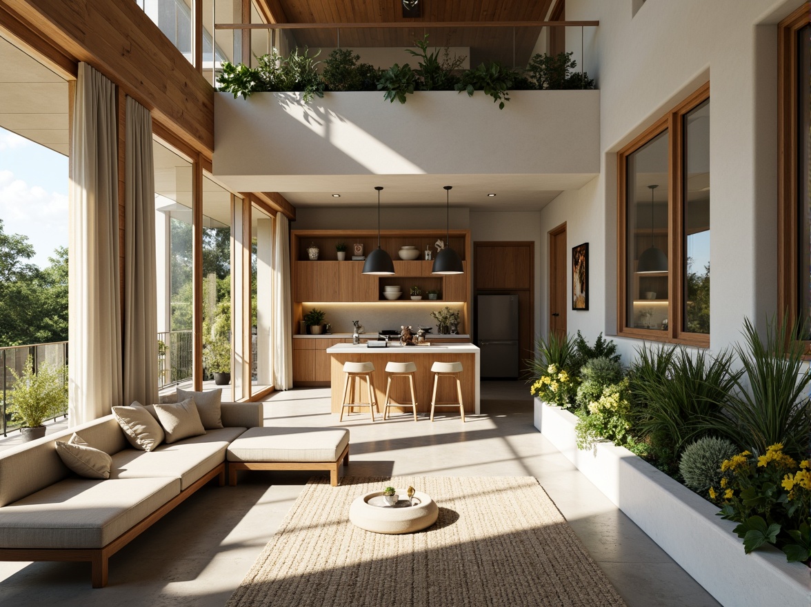 Prompt: Modern home interior, minimalist decor, sleek lines, eco-friendly materials, sustainable furniture, reclaimed wood accents, low-VOC paints, natural textiles, energy-efficient appliances, smart glass windows, solar panels, green roofs, living walls, vertical gardens, airy open spaces, soft warm lighting, 1/1 composition, shallow depth of field, realistic textures, ambient occlusion.