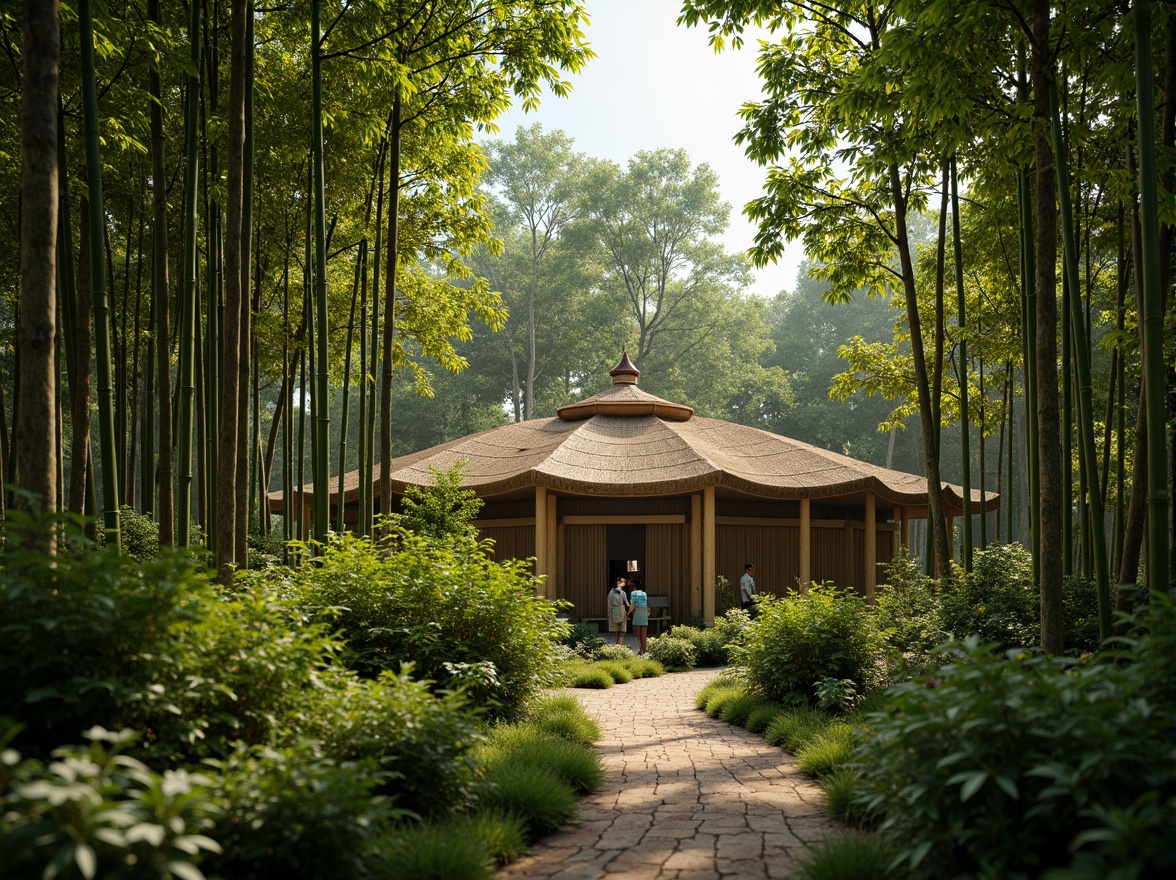 Prompt: Natural bamboo forests, lush greenery, gentle rustling sounds, organic architecture, sustainable building materials, eco-friendly structures, curved lines, unique textures, earthy tones, serene ambiance, warm natural lighting, shallow depth of field, 1/2 composition, atmospheric perspective, realistic rendering, ambient occlusion.