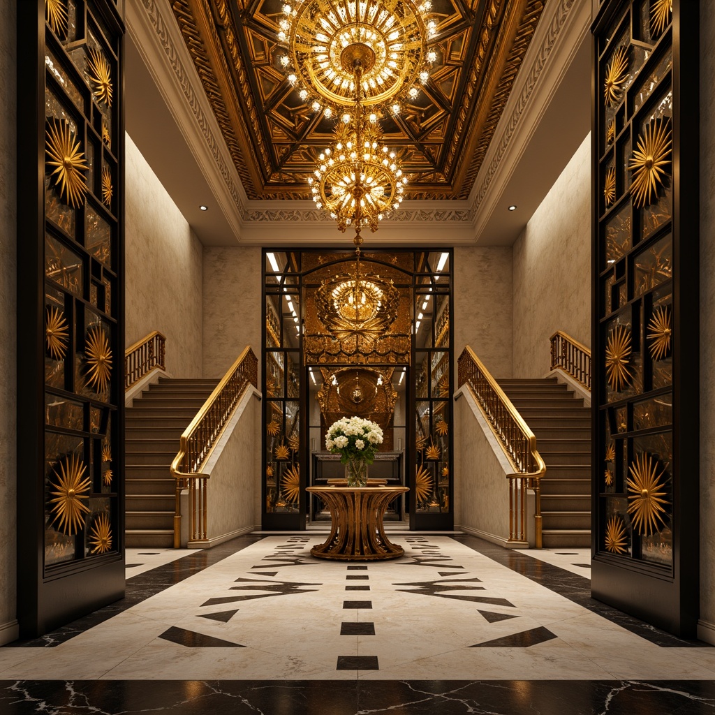 Prompt: Luxurious golden ornaments, geometric metalwork, ornate door handles, stylized florals, chevron patterns, zigzag motifs, sunburst designs, opulent chandeliers, lavish marble floors, grand staircases, metallic accents, beveled glass, chrome fixtures, bold typography, stepped silhouettes, dramatic lighting, cinematic compositions, low-angle shots, warm golden hour, high-contrast images, intricate textures, realistic reflections.