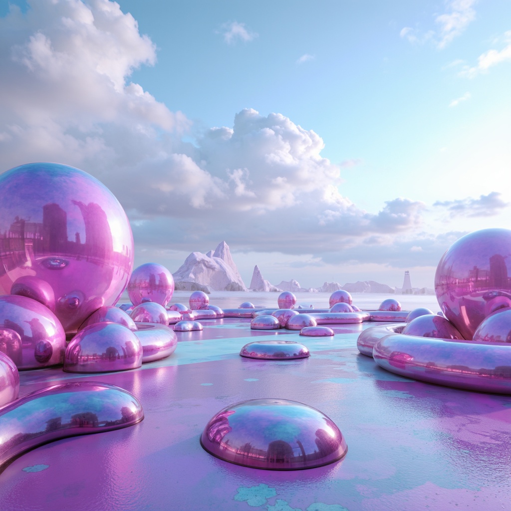 Prompt: Vibrant futuristic blobs, iridescent colors, shimmering metallic surfaces, neon lights, glowing accents, pastel hues, soft gradients, misty atmospheric effects, surreal landscapes, dreamy skies, fluffy white clouds, abstract shapes, smooth curves, flowing lines, ethereal ambiance, 3D rendering, high-gloss finishes, reflective materials, holographic effects, virtual reality integration, futuristic cityscapes, cyberpunk influences.