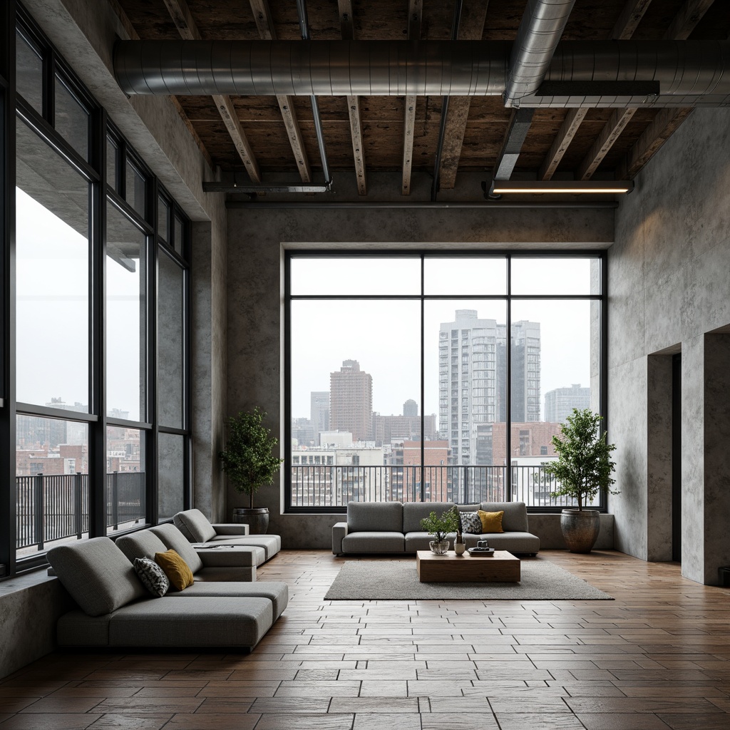 Prompt: Industrial chic Bauhaus building, exposed concrete walls, steel beams, functional pipes, minimalist decor, natural light pouring in, matte black metal frames, large glass windows, polished wooden floors, geometric patterns, urban cityscape background, overcast sky, soft diffused lighting, shallow depth of field, 2/3 composition, realistic textures, ambient occlusion, weathered industrial materials, brutalist architectural style, functional simplicity.