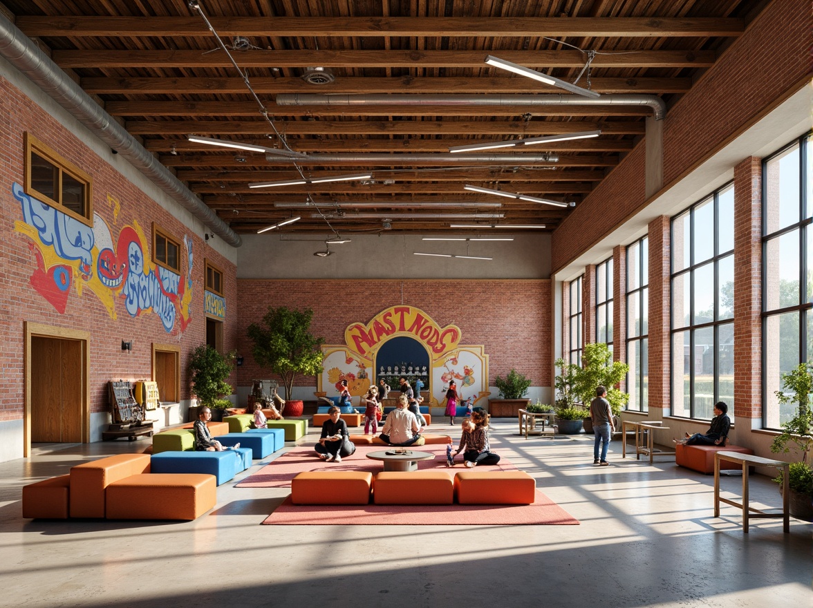 Prompt: Vibrant youth center, exposed brick walls, wooden accents, concrete floors, bold colorful murals, eclectic furniture, cozy reading nooks, interactive play areas, dynamic lighting installations, suspended ceiling fixtures, modern architectural elements, large windows, natural light pouring in, playful shadows, shallow depth of field, 1/1 composition, realistic textures, ambient occlusion.