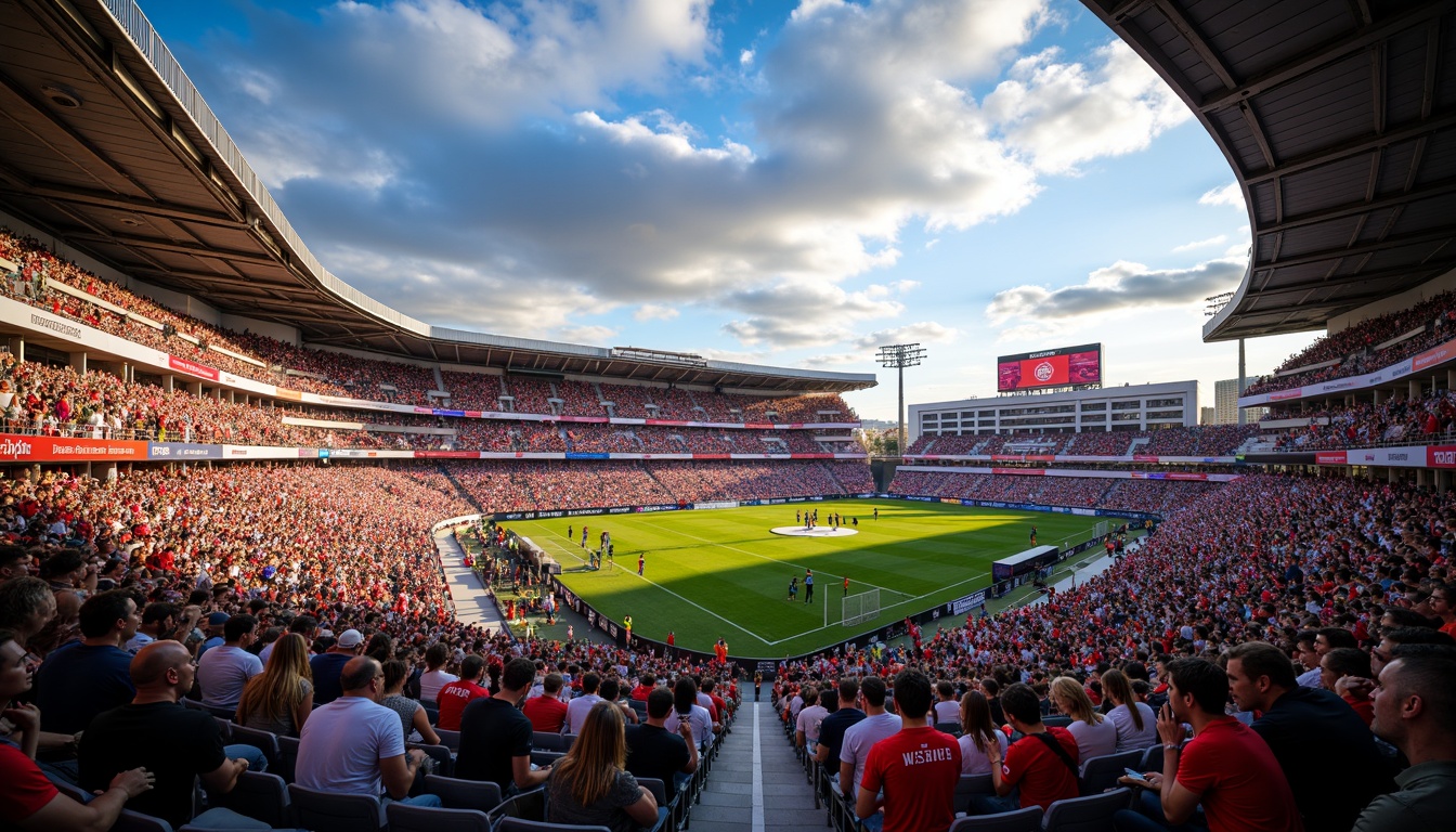 Prompt: Vibrant sports stadium, energetic crowd, bold team colors, dynamic LED lighting, sleek modern architecture, angular lines, vast open seating areas, comfortable chairs, clear signage, intuitive wayfinding, lively atmosphere, warm sunny day, dramatic cloud formations, shallow depth of field, 3/4 composition, panoramic view, realistic textures, ambient occlusion.