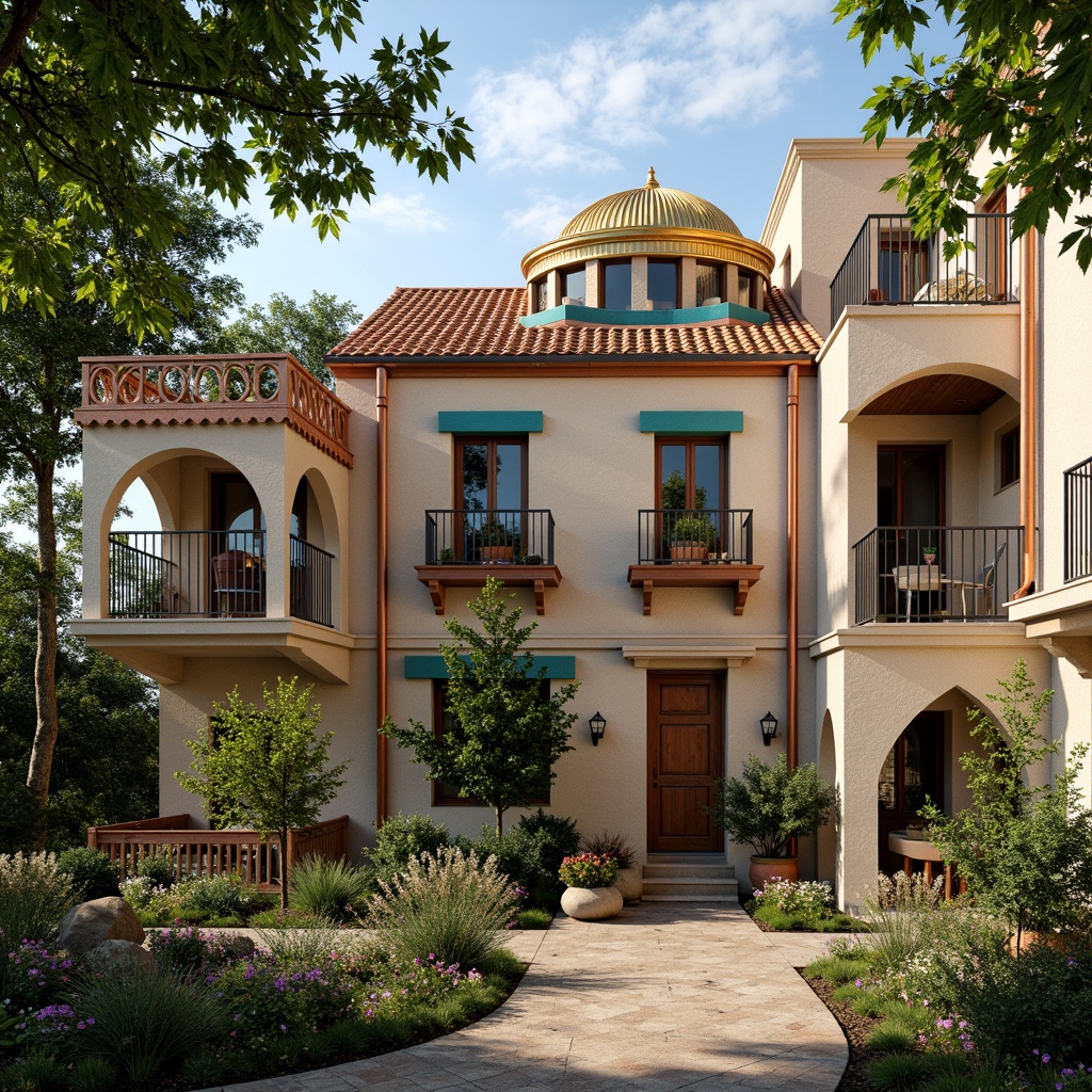 Prompt: Byzantine-style apartment complex, intricately patterned terracotta roof tiles, vibrant turquoise accents, ornate golden domes, grandiose archways, lush greenery, mature trees, sunny Mediterranean climate, warm afternoon light, soft shadows, 1/1 composition, symmetrical framing, realistic textures, ambient occlusion, copper gutter systems, decorative rainwater harvesting, traditional clay pot planters, fragrant blooming flowers, rustic stone walls, ornamental ironwork balconies.