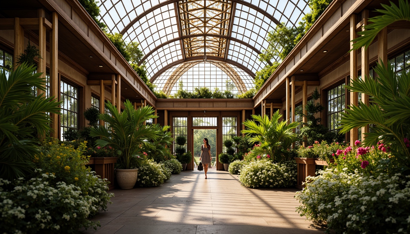 Prompt: Art Deco greenhouse, ornate metal framework, curved glass roofs, lush greenery, vibrant flowers, exotic plants, intricate geometric patterns, metallic accents, luxurious materials, symmetrical facades, grand entranceways, opulent decorations, warm golden lighting, shallow depth of field, 1/2 composition, close-up shot, realistic textures, ambient occlusion.