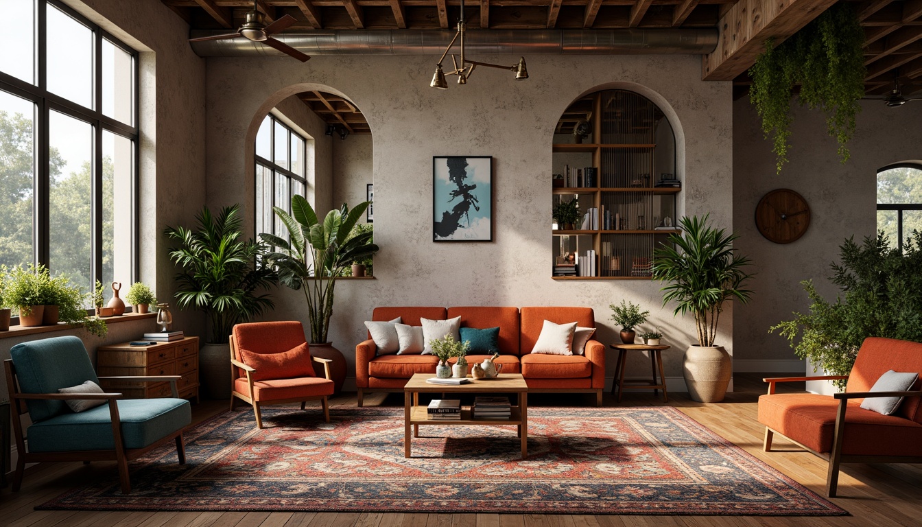 Prompt: Eclectic living room, vintage furniture, mixed patterned rugs, abstract artwork, industrial metal lighting, reclaimed wood accents, colorful velvet sofas, ornate mirrors, lush green plants, natural stone walls, cozy reading nooks, eclectic decorative objects, warm ambient lighting, soft shadows, 1/1 composition, realistic textures, atmospheric rendering.