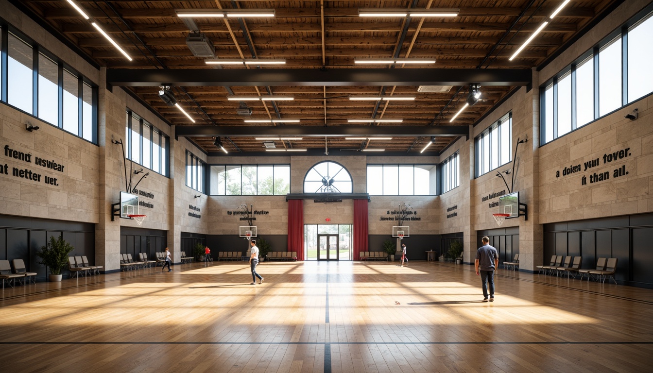 Prompt: Modern gymnasium interior, high ceilings, exposed ductwork, polished wooden floors, athletic equipment, basketball hoops, bleacher seating, motivational quotes, natural stone walls, large windows, transparent glass doors, soft warm lighting, indirect illumination, suspended linear fixtures, LED strip lights, color-changing ambiance, dynamic shadows, shallow depth of field, 2/3 composition, realistic textures, ambient occlusion.