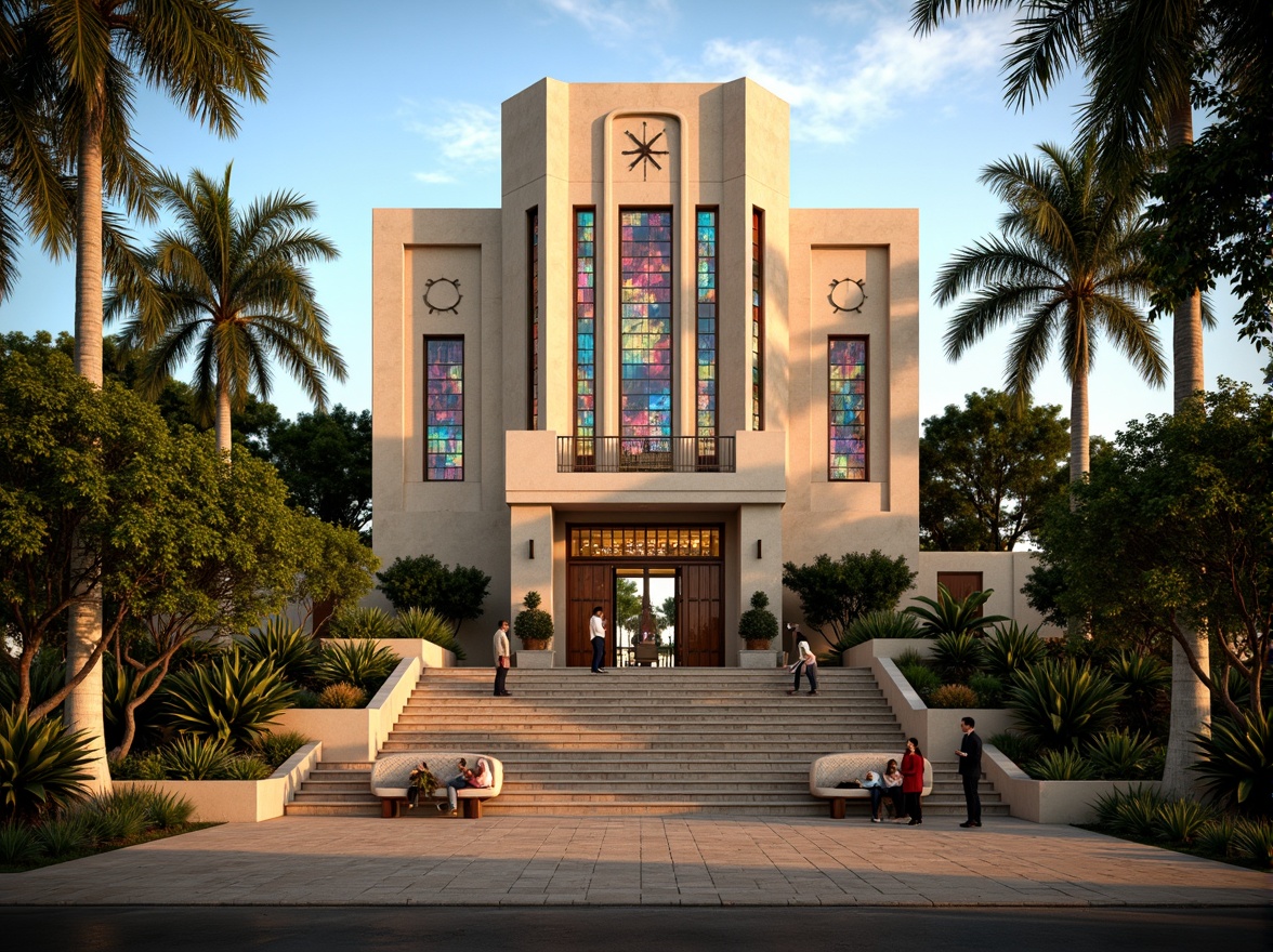 Prompt: Art Deco church, symmetrical fa\u00e7ade, ornate stone carvings, geometric patterns, vibrant stained glass windows, grand entrance stairs, lush greenery, tropical plants, palm trees, elegant fountains, ornamental benches, intricately designed gates, warm golden lighting, low-angle shot, 1/2 composition, dramatic shadows, realistic textures.