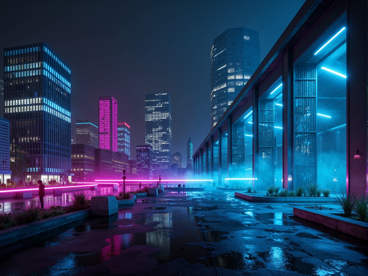 Prompt: Neon-lit cityscape, futuristic skyscrapers, iridescent metallic surfaces, glowing accents, vibrant neon lights, retro-futuristic color palette, bold geometric shapes, sleek minimalist design, holographic projections, virtual reality interfaces, augmented reality displays, cyberpunk-inspired atmosphere, moody dark tones, electric blue hues, bright pink accents, luminescent greenery, atmospheric fog effects, high-contrast lighting, cinematic composition, dramatic shadows, futuristic urban landscape, abstract geometric patterns.